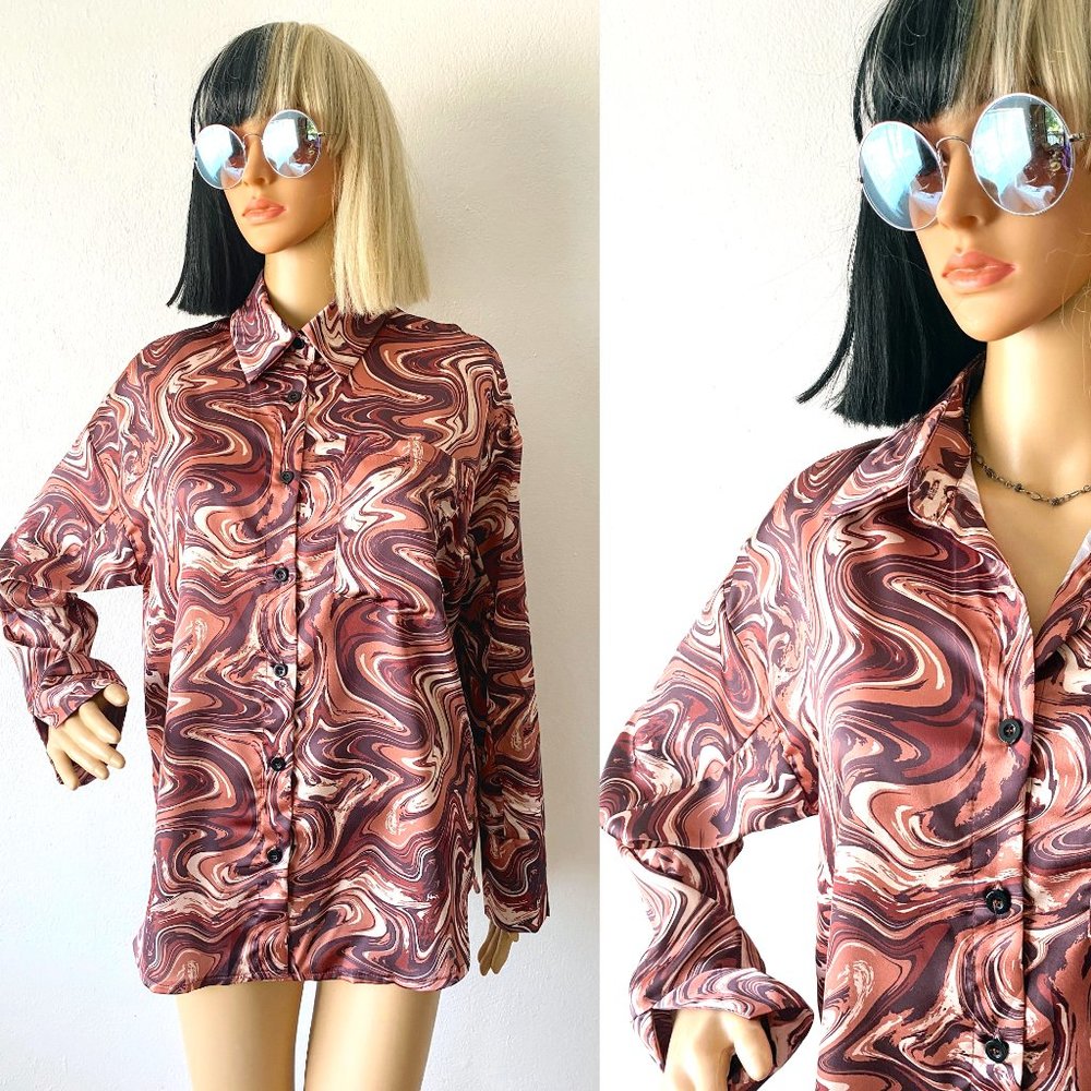 Swirl Print Button Up Blouse | Silky Blouse | Psychedelic Shirt | Funky Blouse S